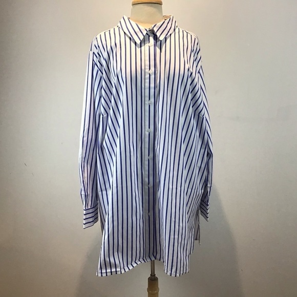 Jessica London Blue and White striped relaxed fit poplin button up shirt 32W-3X - Picture 1 of 11